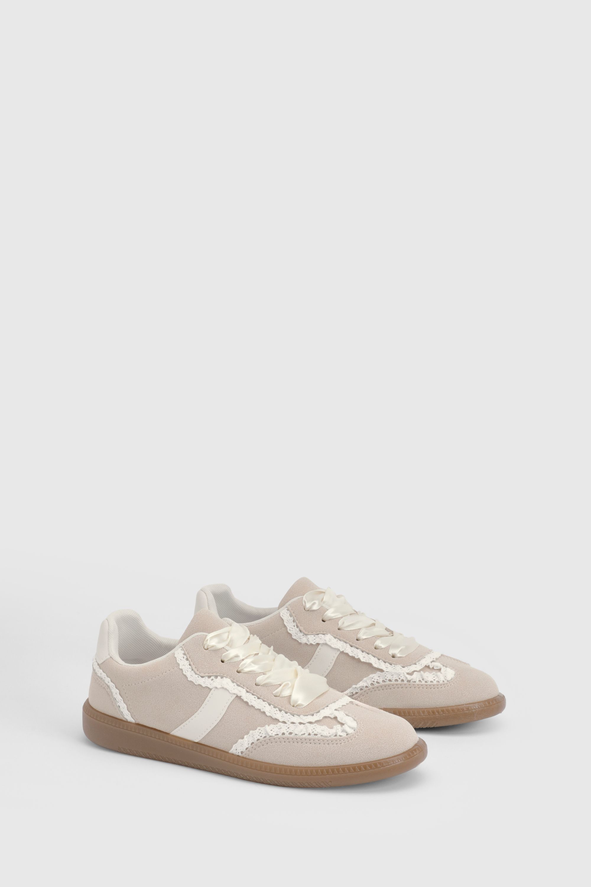 Oasis Tyler Faux Suede Lace Trim Detail Lace Up Trainers Nude