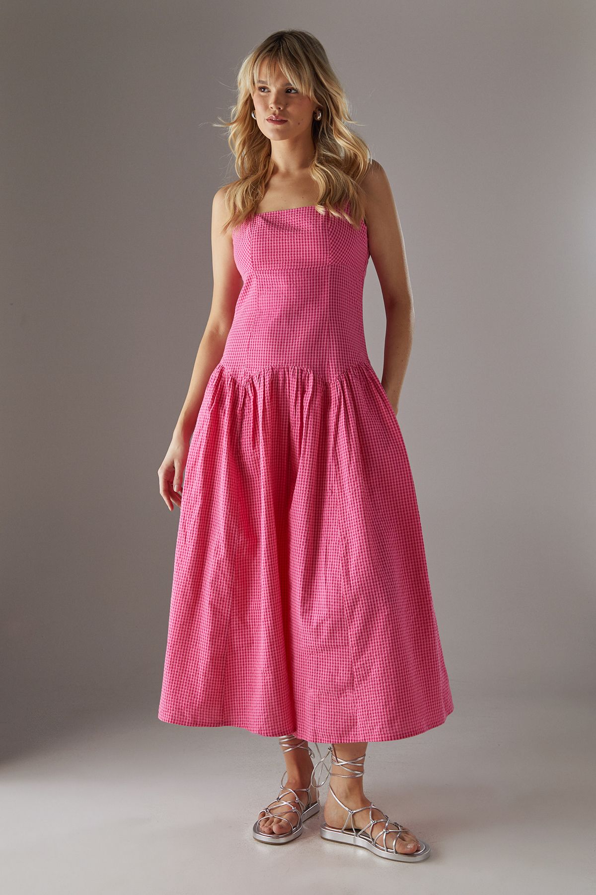 Warehouse Gingham Seersucker Drop Waist Midi Sundress Pink