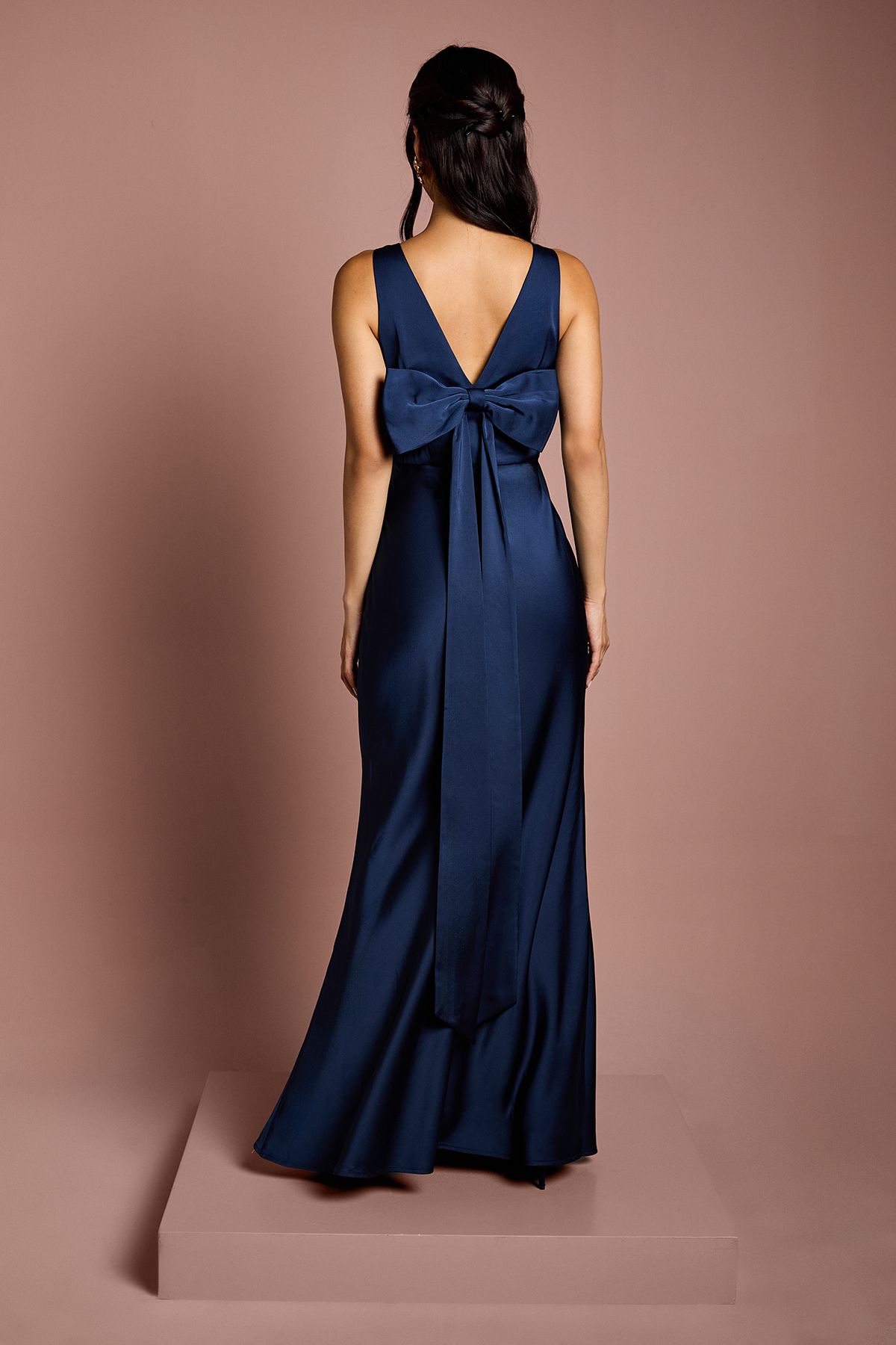 Coast Square Neck Satin and Crepe Bridesmaid Dress with Bow Back Navy image 3