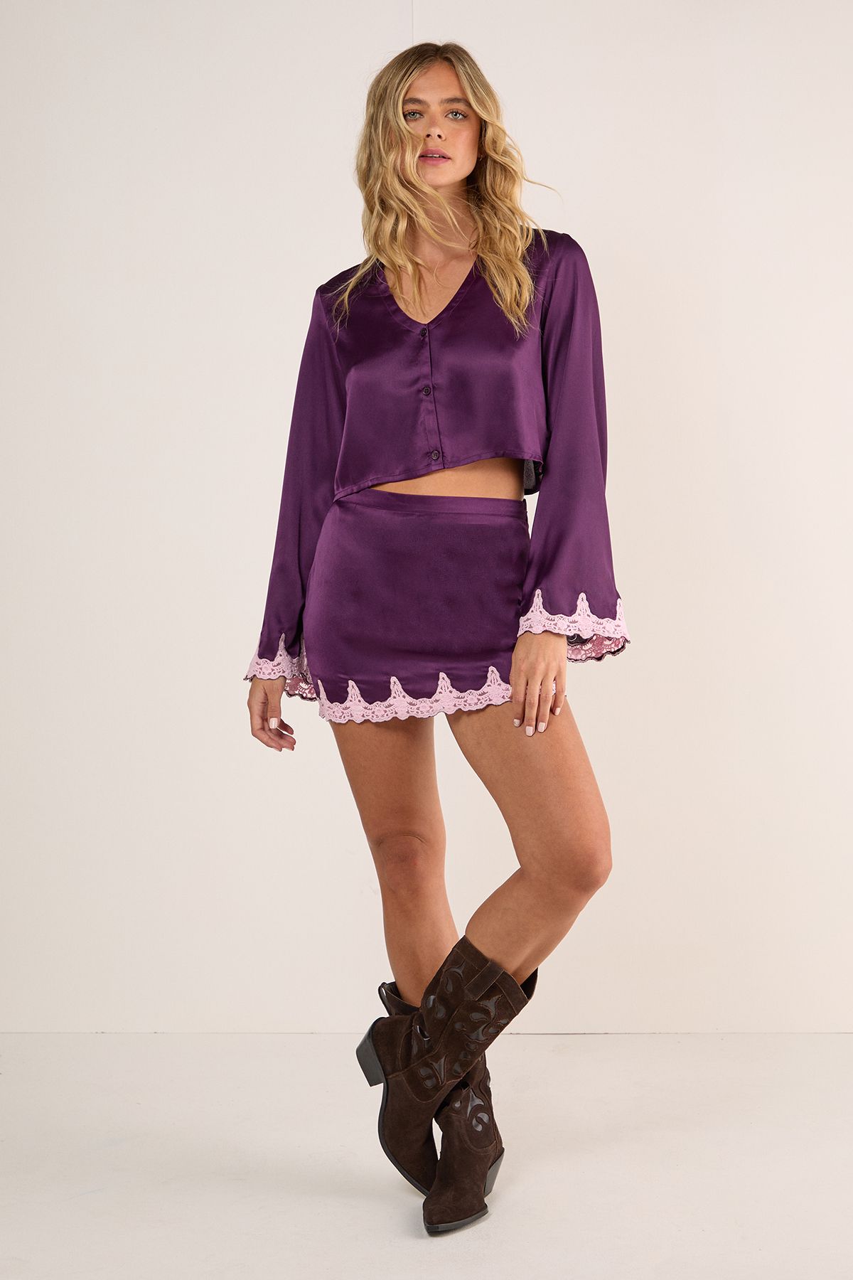 NastyGal Satin Lace Cutwork Mini Skirt Aubergine