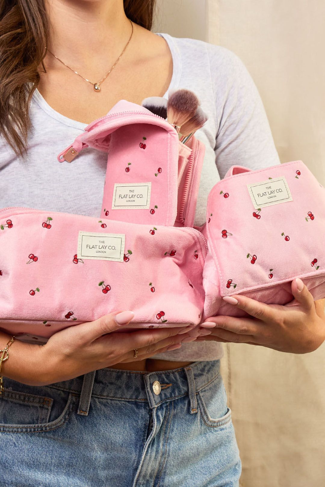 The Flat Lay Co Makeup Box Bag - Ditsy Cherries Pink Embroidered Velvet Multi image 2