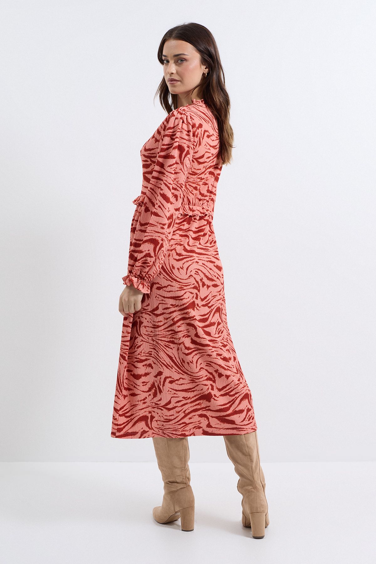 Dorothy Perkins Pink Animal Frill Neck Blouson Sleeve Midi Dress Pink image 3