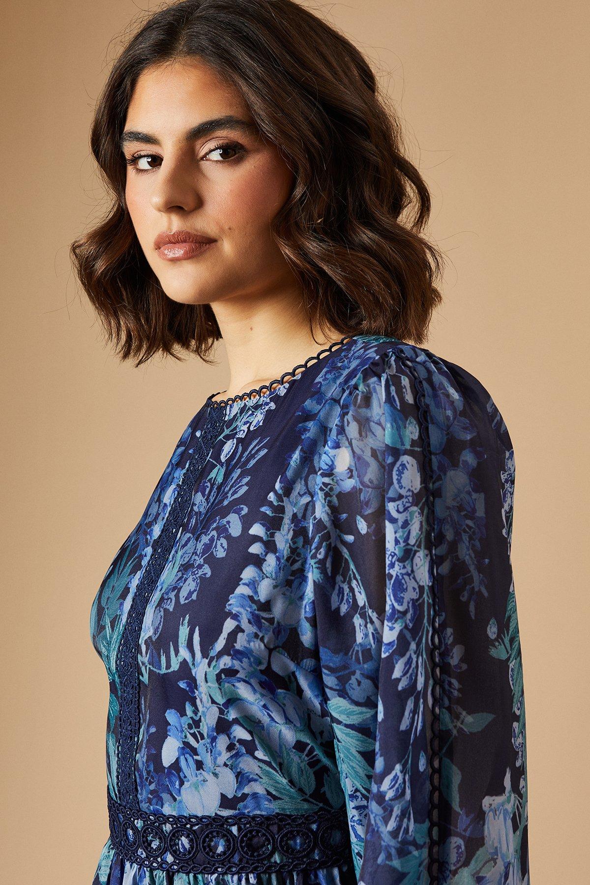 Oasis Floral Printed Organza Lace Trim Midaxi Dress Navy image 4