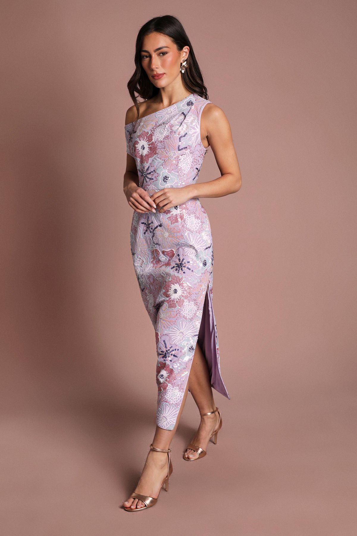 Coast Coast Muse Sequin Embellished Off The Shoulder Midi Dress Lilac