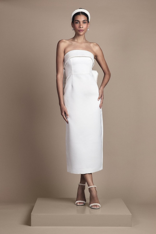 Coast Pearl Trim Bandeau Column Wedding Dress With Bow Ivory