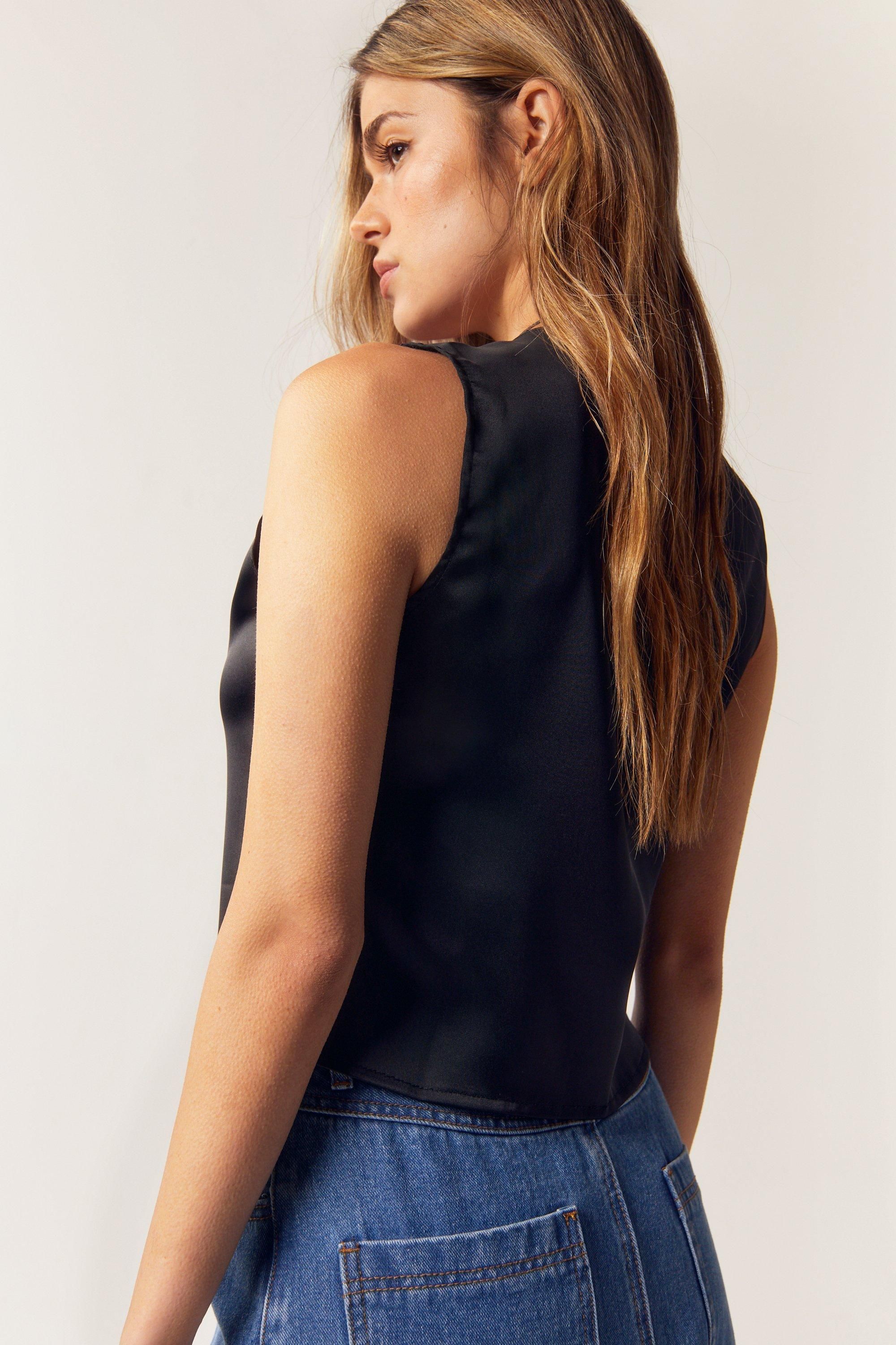 NastyGal Satin Tie Front Vest Black image 4