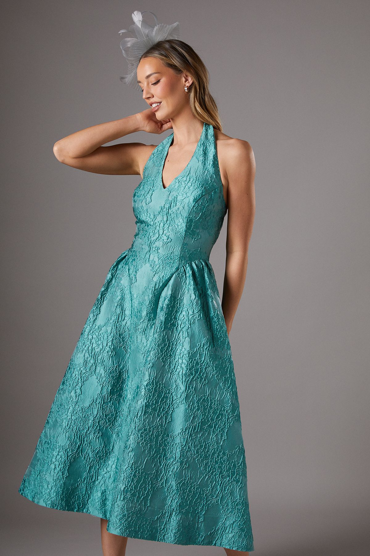 Coast Halter Jacquard Drop Waist Dress Teal image 2