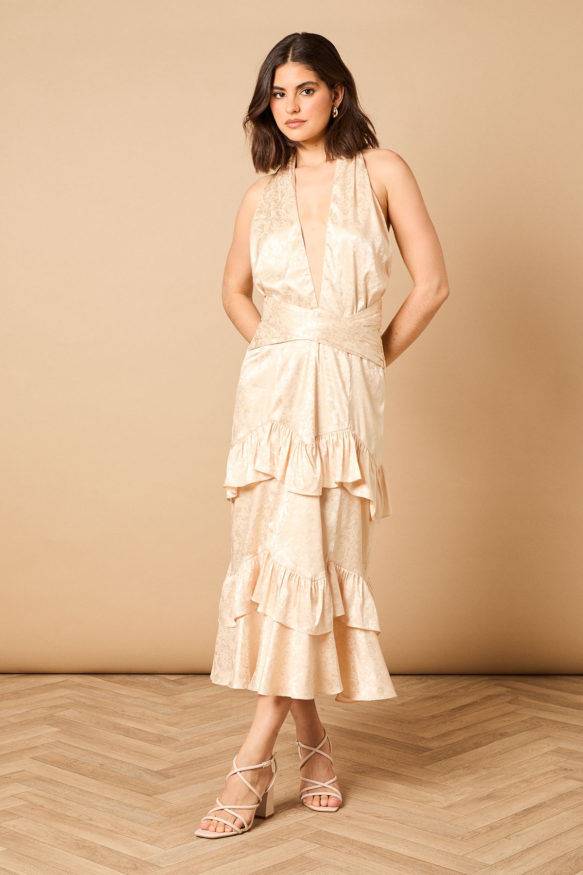 Oasis Halterneck Satin Jacquard Midi Dress Champagne image 1