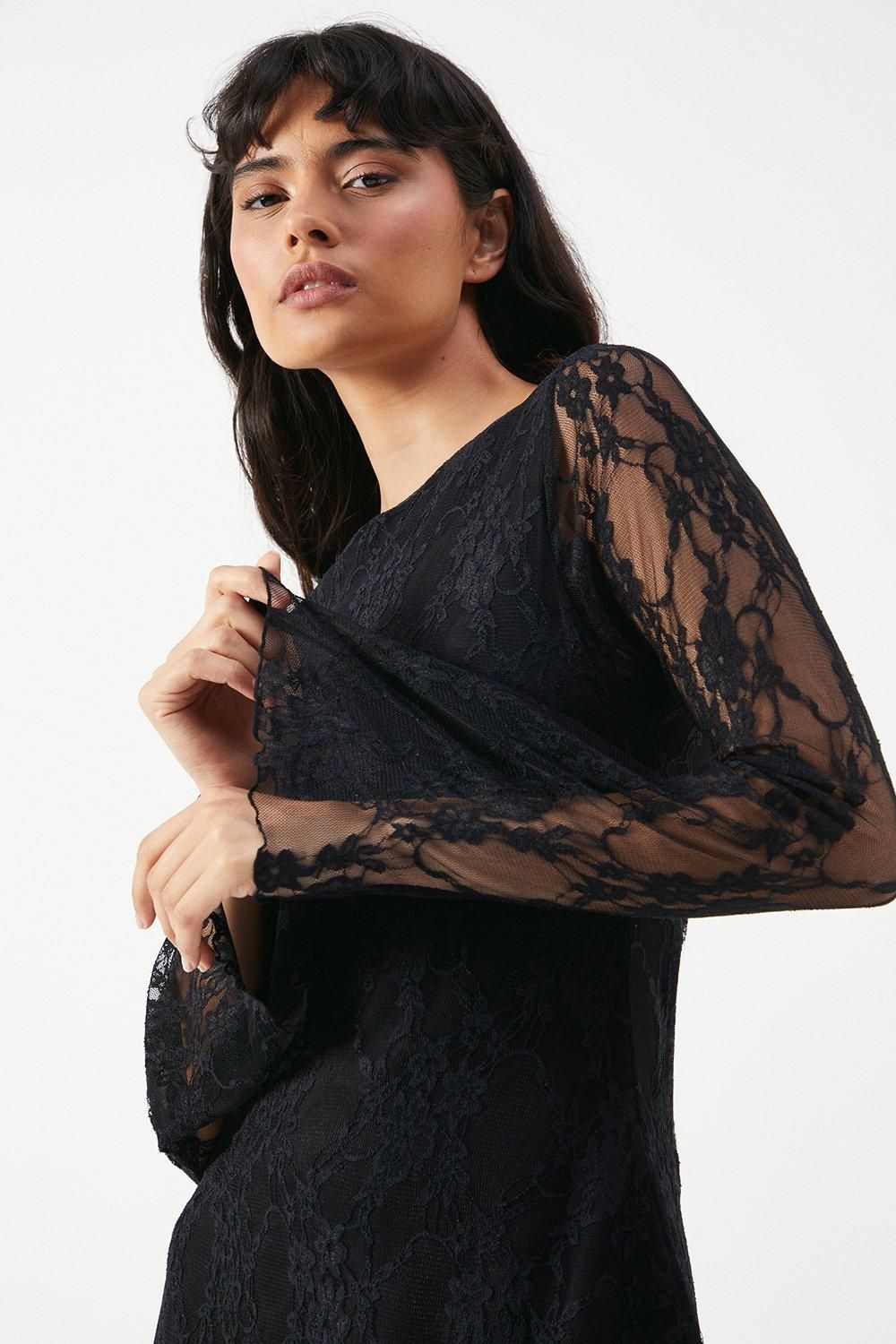 Warehouse Stretch Lace Flared Sleeve A-line Mini Dress Black image 4