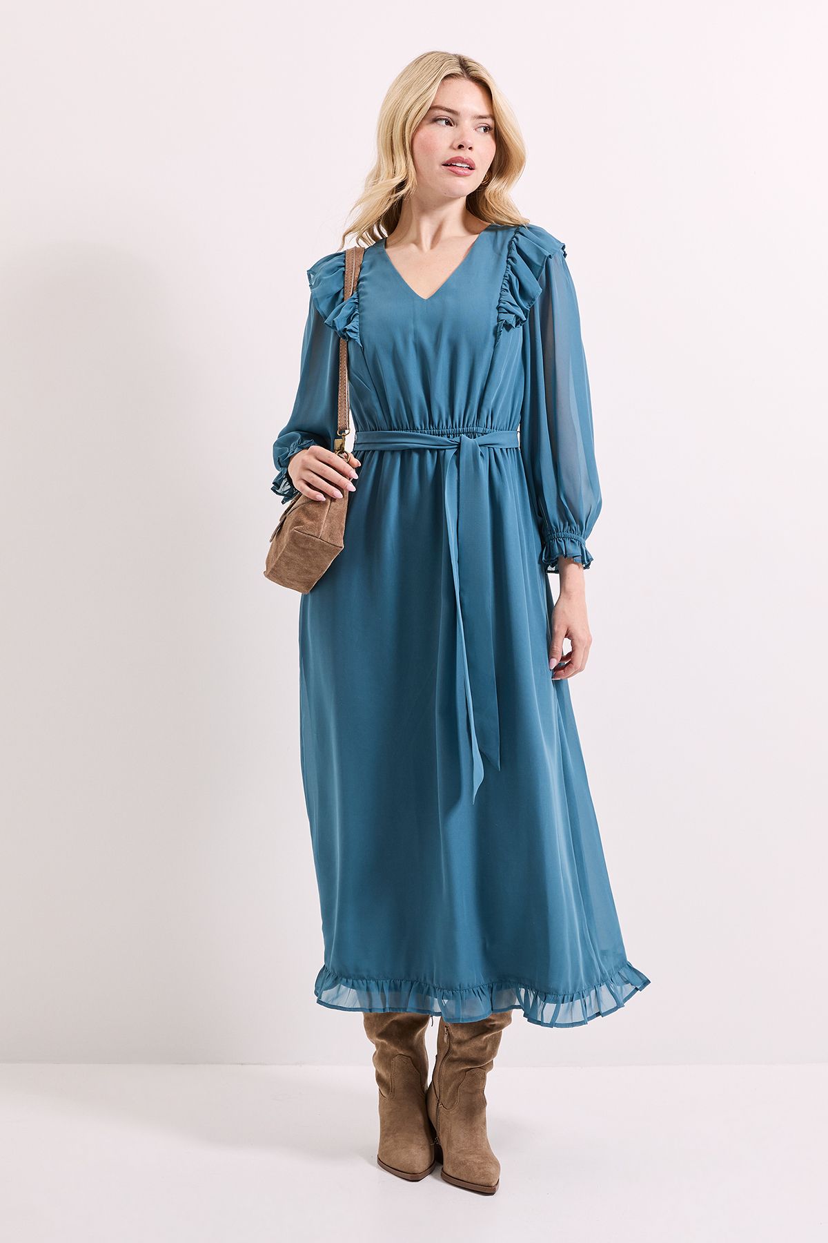 Dorothy Perkins Blouson Sleeve Frill Midi Dress Blue image 1