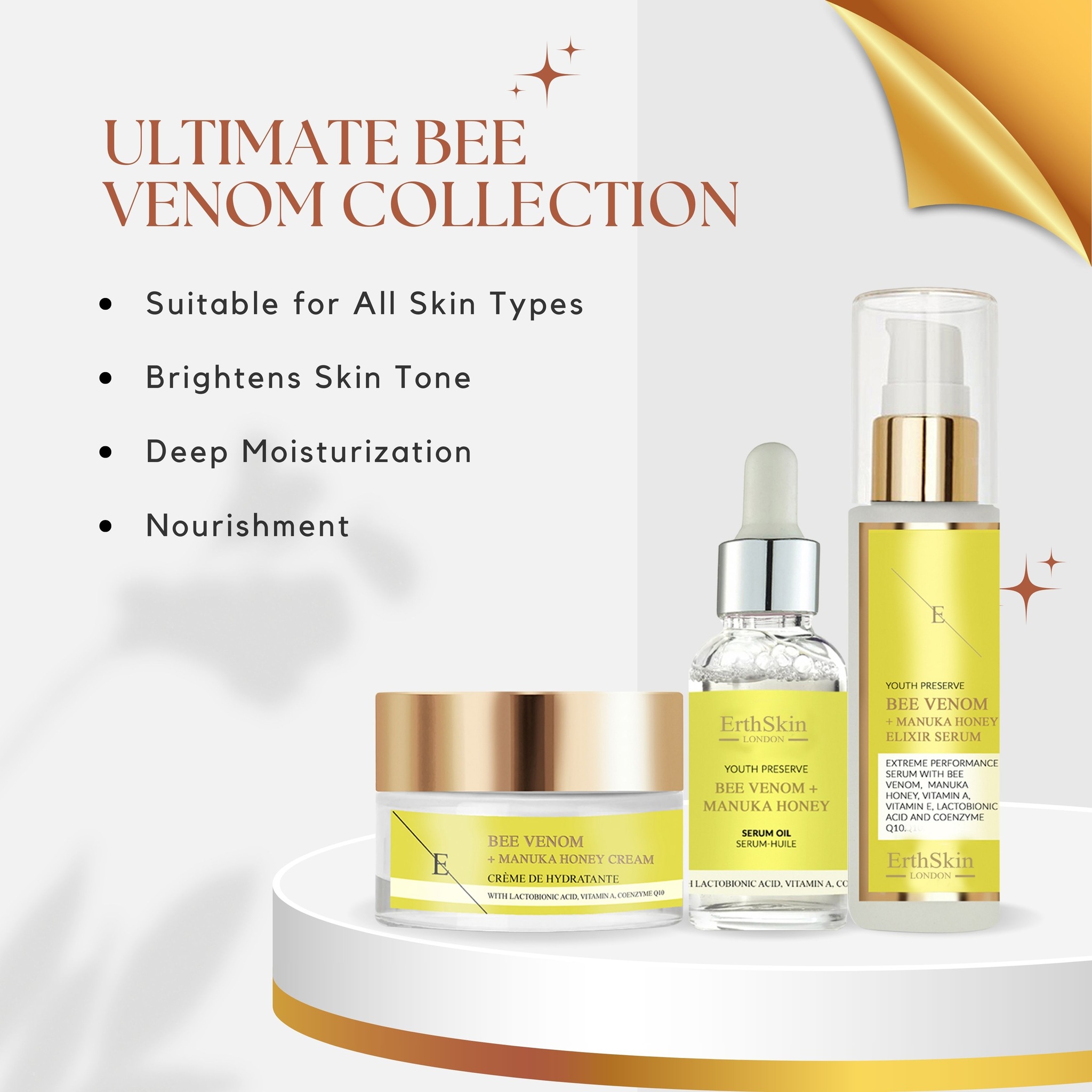 Erth Skin London Bee Venom Honey Glow Revival Set Cream 50ml, Serum 60ml & Serum Oil 30ml image 2