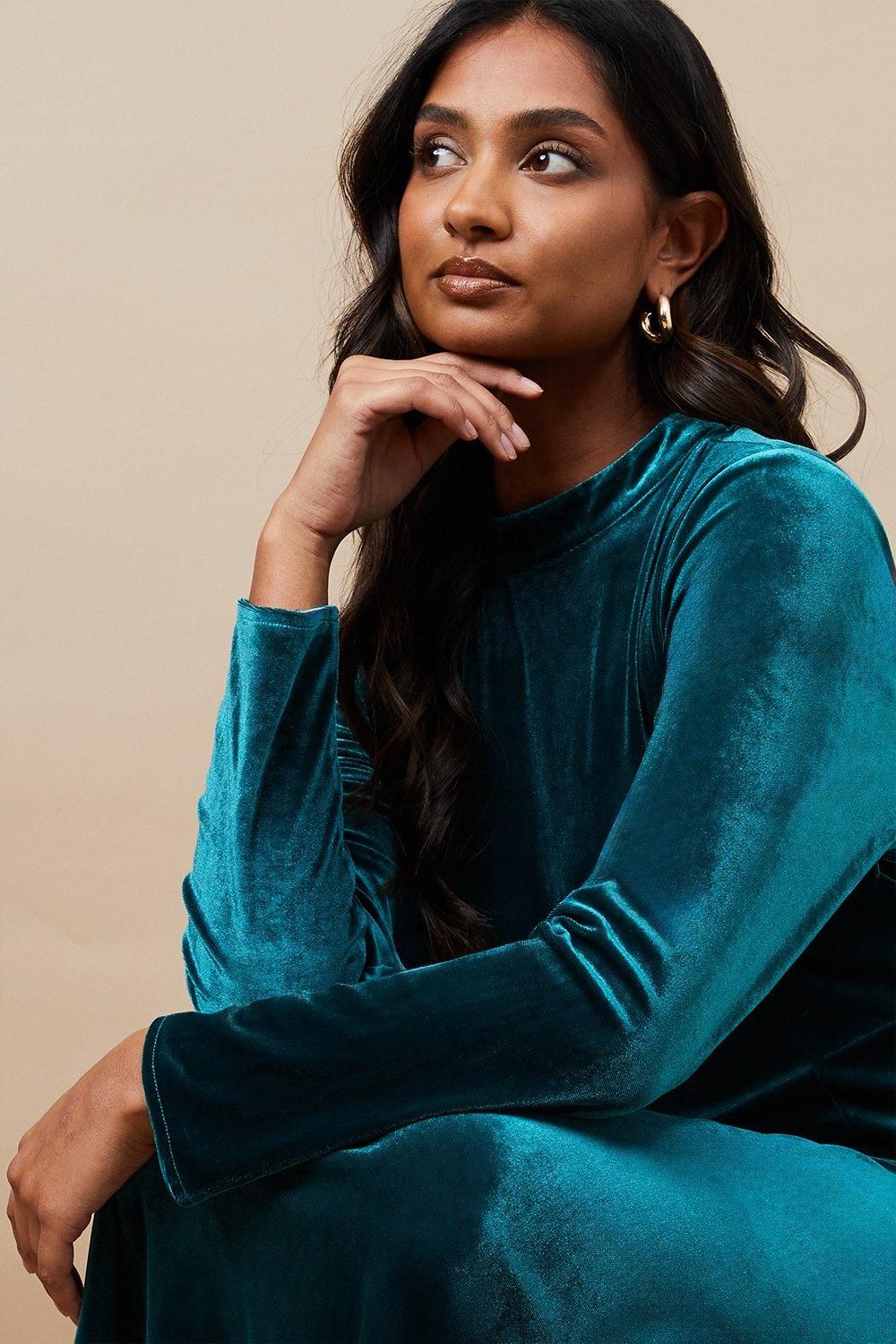 Oasis Velvet High Neck Twist Back Midi Dress Teal image 2