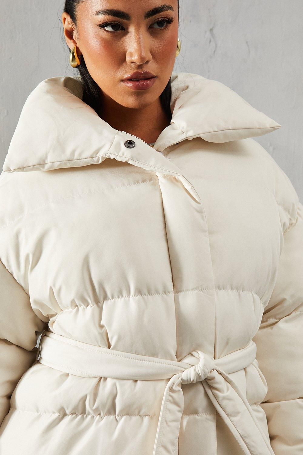 MissPap Tie Waist Midi Puffer Coat Cream image 2