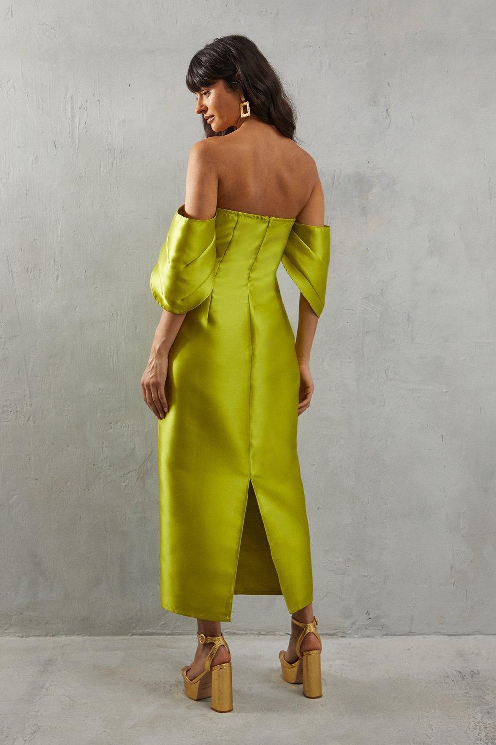 Warehouse Structured Puff Sleeve Bardot Midi Dress Chartreuse image 3