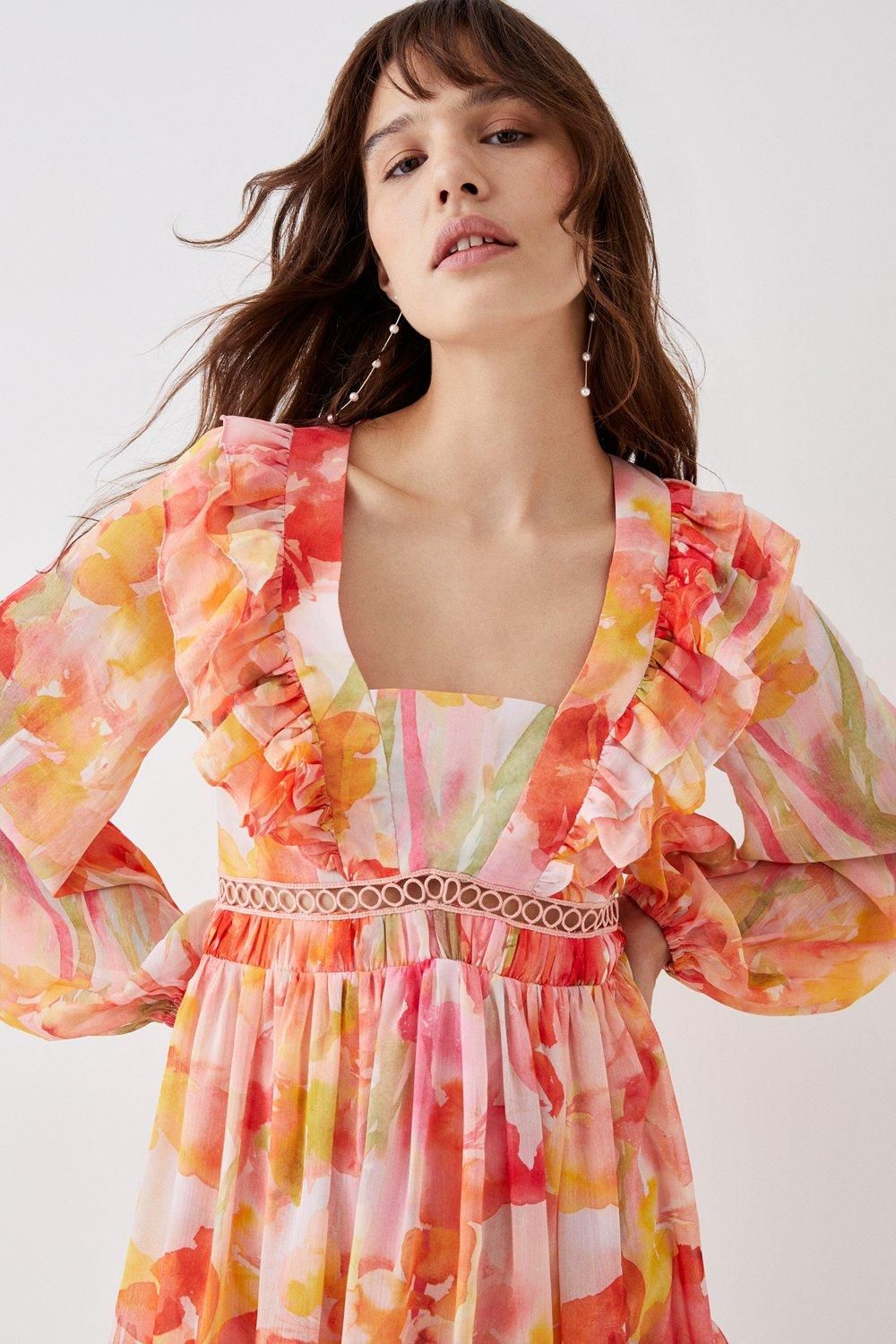 Coast Printed Tie Back Ruffle Detail Mini Dress Peach image 2