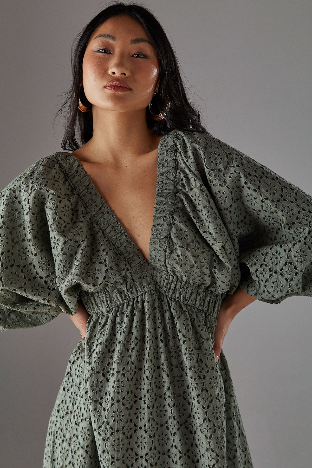 Warehouse Petite Broderie Plunge Neck Volume Sleeve Smock Midi Dress Khaki image 3