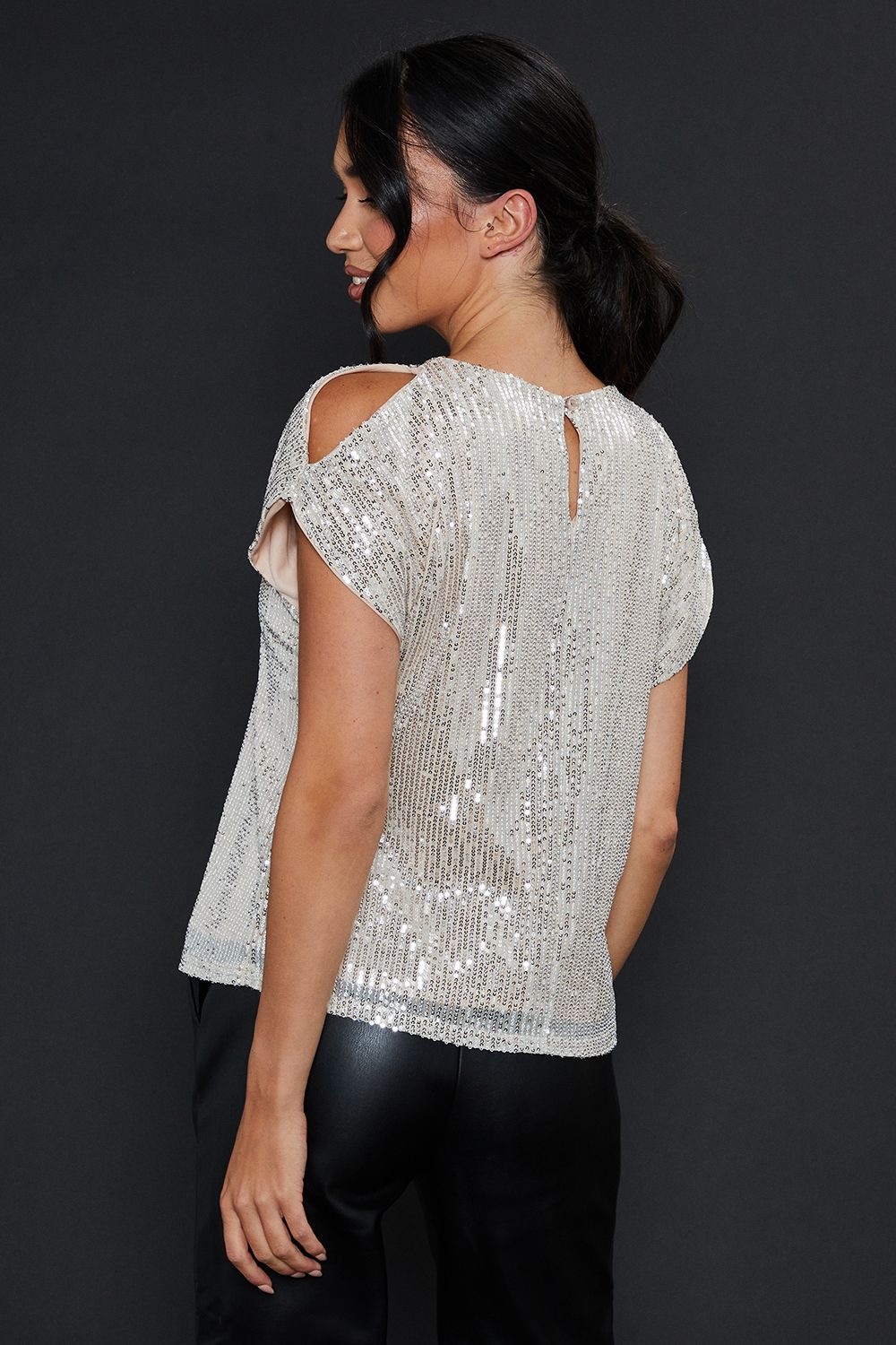 Dorothy Perkins Sequin Keyhole Shoulder Short Sleeve Top Champagne image 3