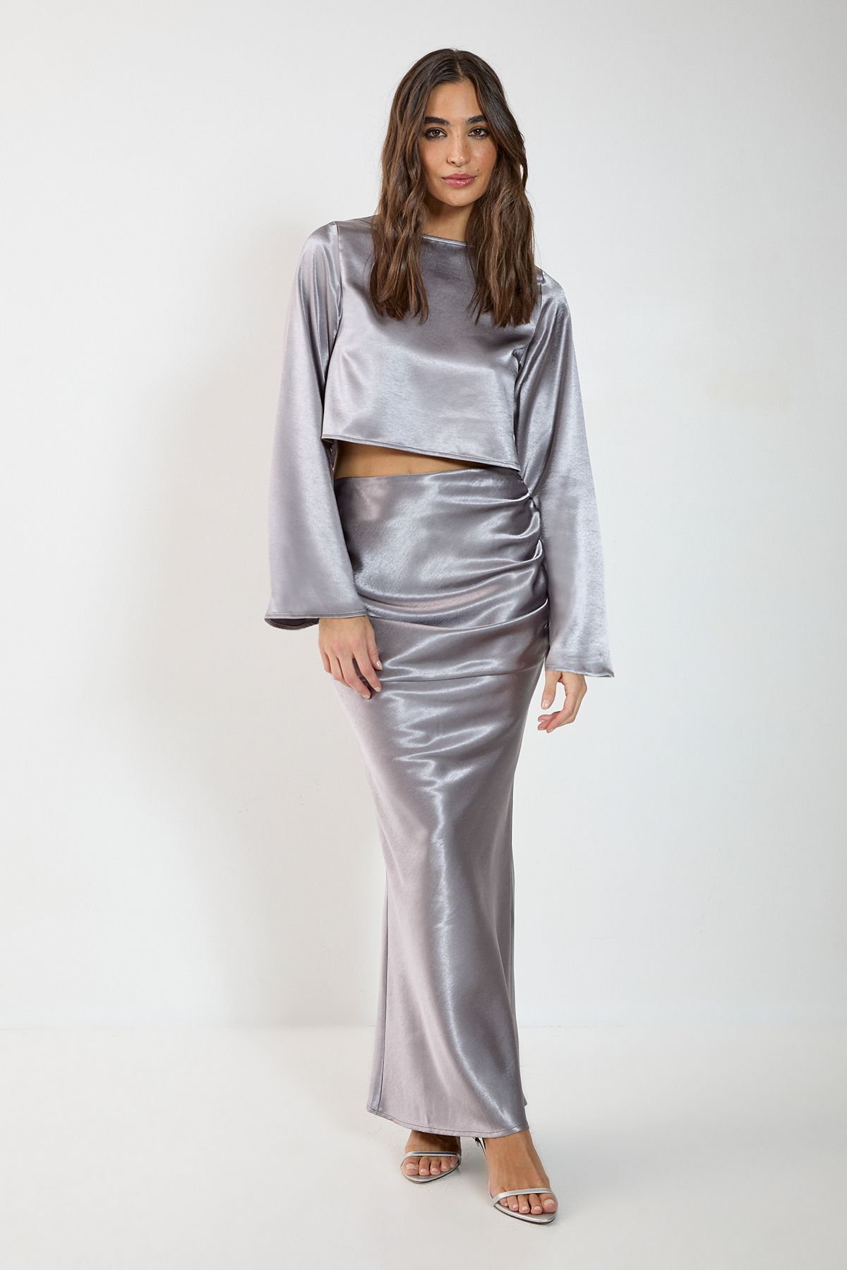 NastyGal Satin Ruched Maxi Skirt Silver image 1