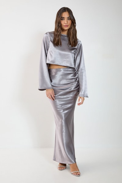 NastyGal Satin Ruched Maxi Skirt Silver