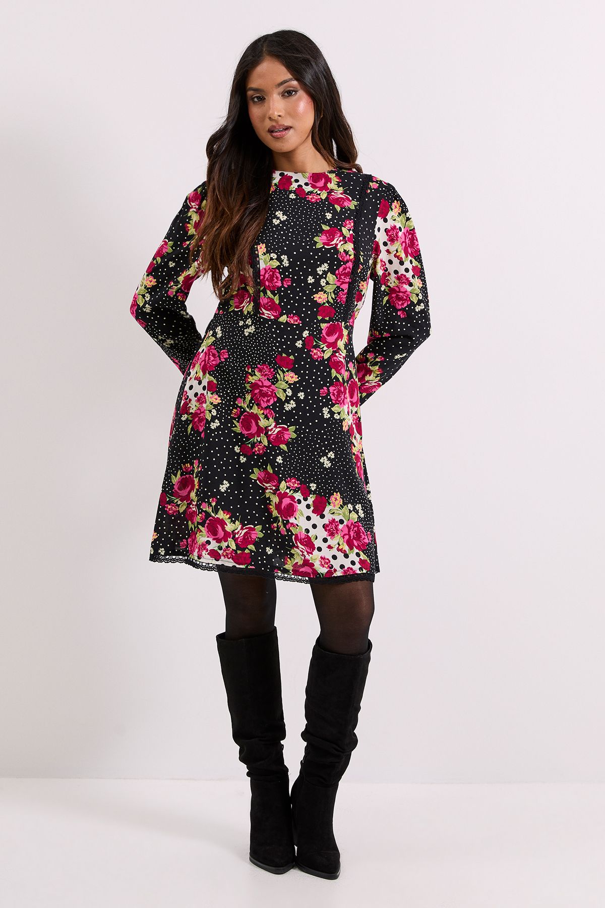 Dorothy Perkins Petite Patchwork Floral Lace Trim Detail Tie Back Printed Mini Dress Floral image 1
