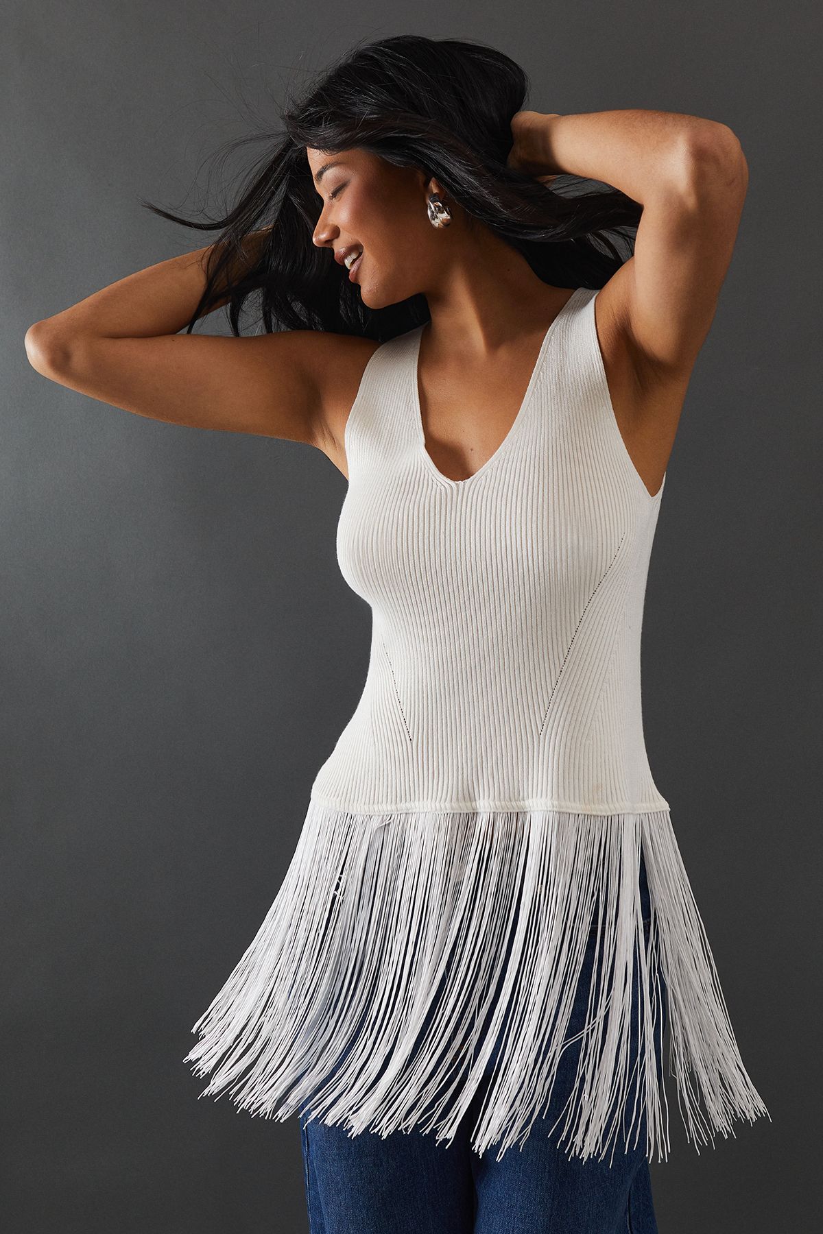 Warehouse Sleeveless Fringed Vest Ivory image 1