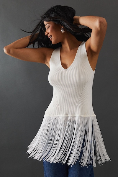 Warehouse Sleeveless Fringed Vest Ivory