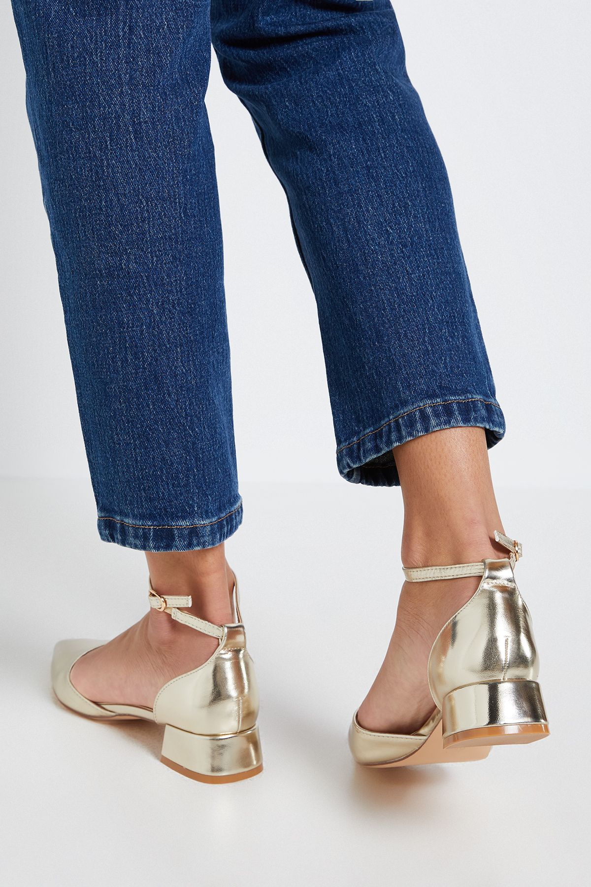 Dorothy Perkins Bennie Faux Leather Pointed Low Block Heel Court Shoes Gold image 3