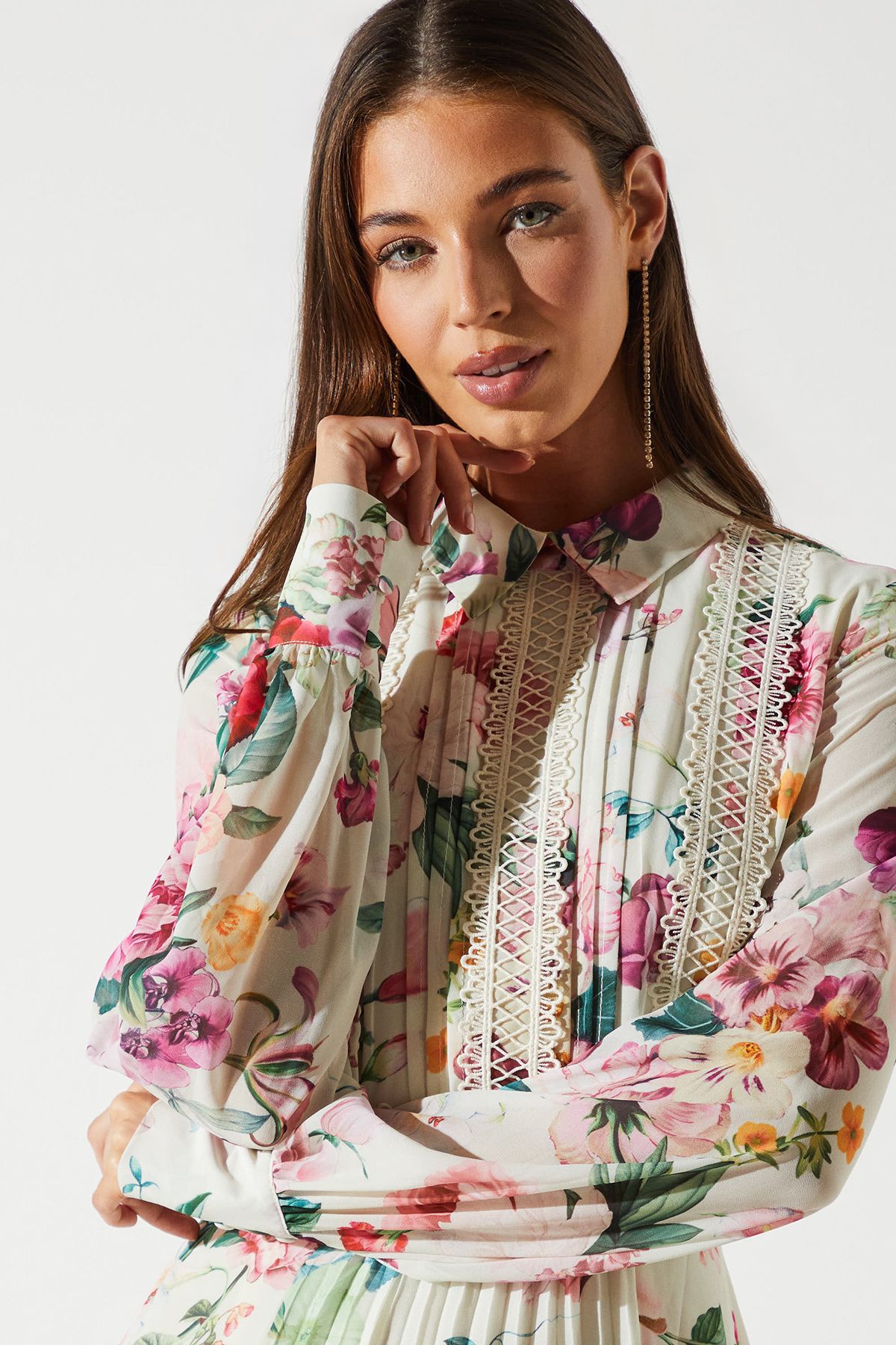 Coast Pleated Lace Trim Midi Dress Multi image 5