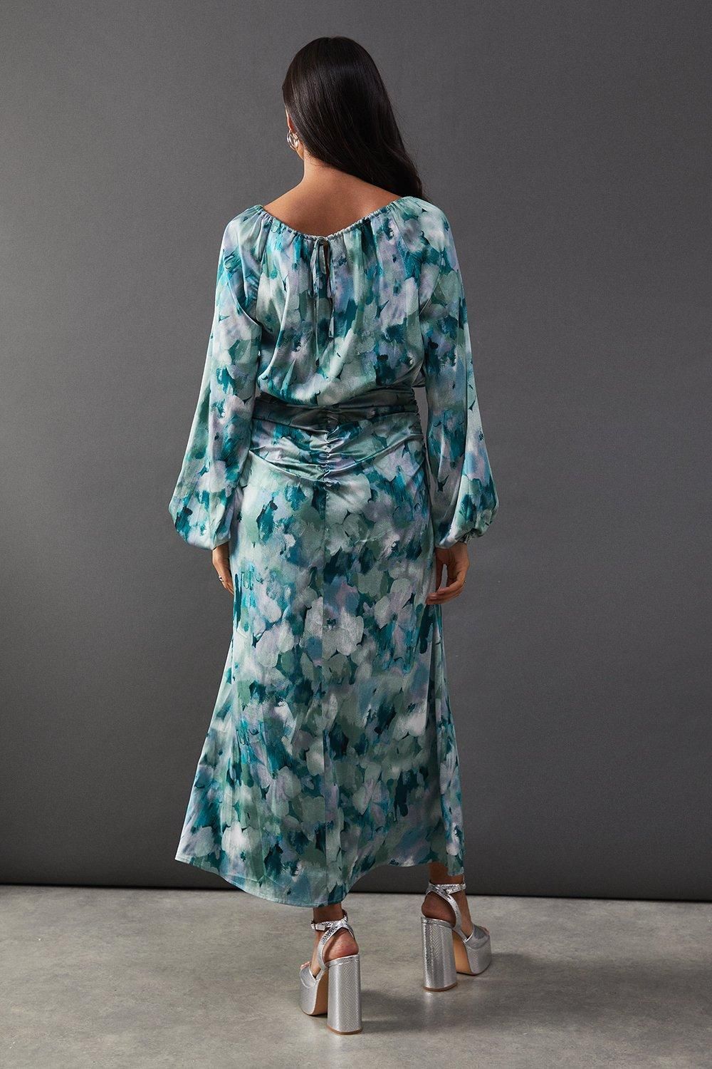Warehouse Print Satin Ruched Front Midi Dress Green image 3