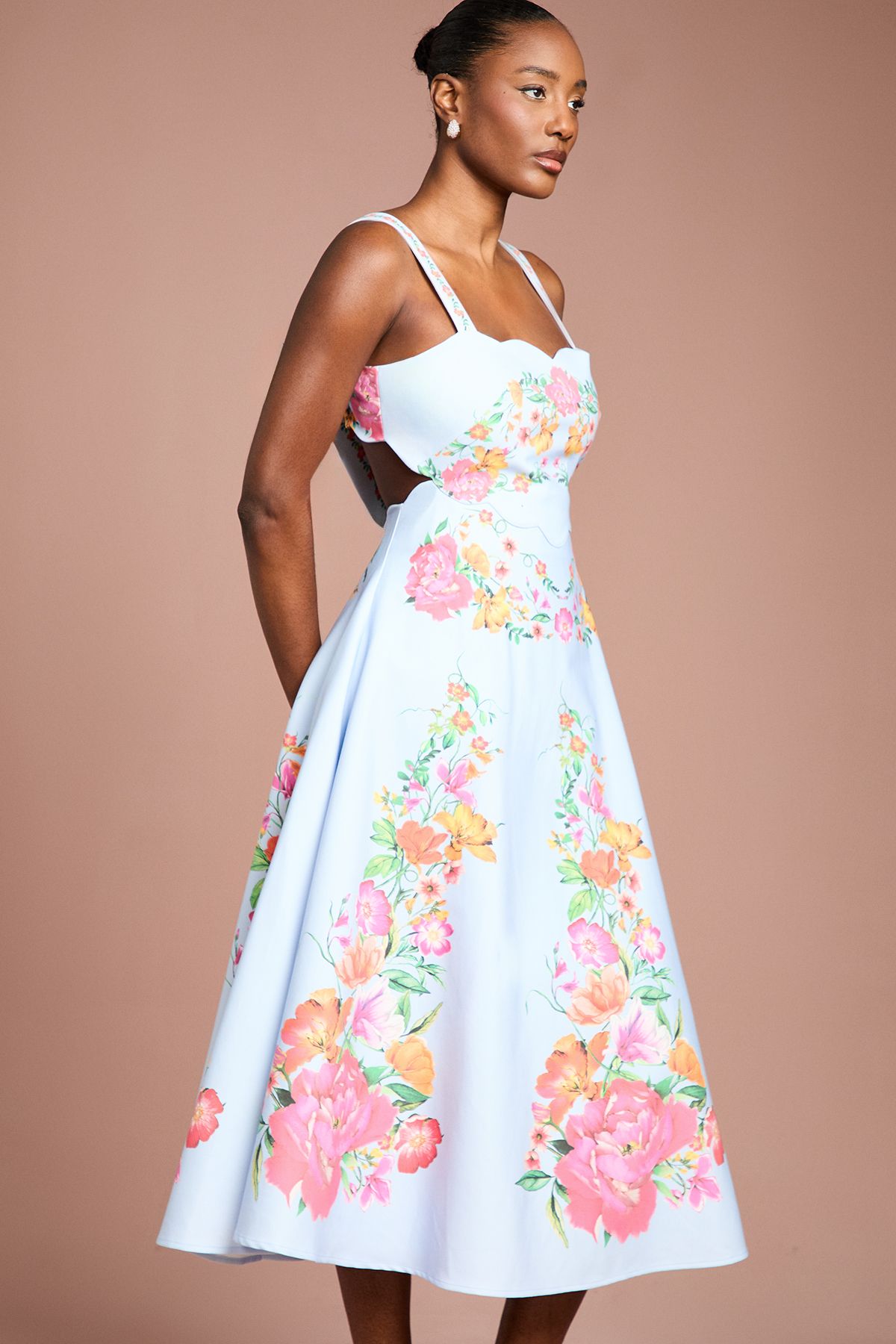 Coast Square Neck Floral Placement Print Full Skirted Cotton Dress Pale Blue