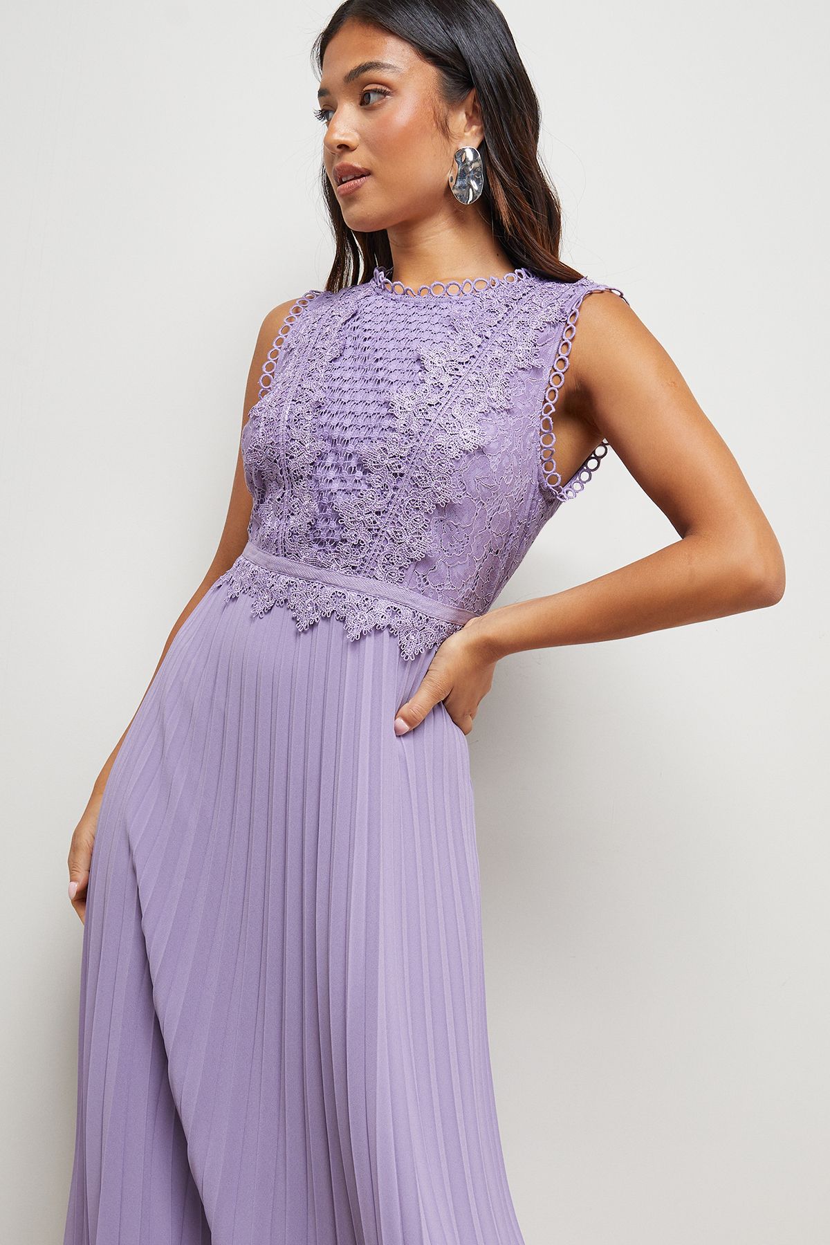 Oasis Petite Lace Pleated Sleeveless Midi Dress Mink image 4