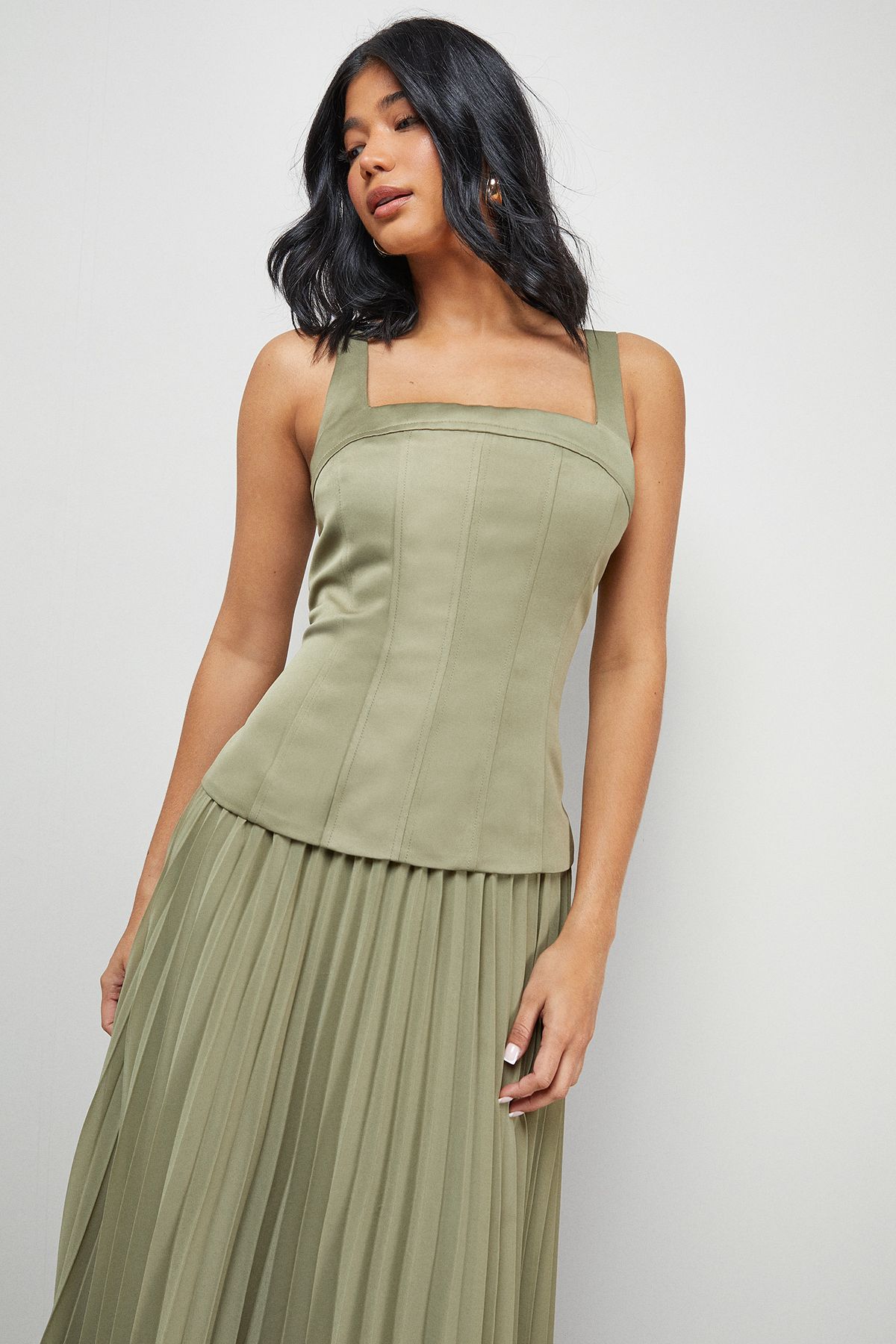 Warehouse Satin Fitted Bodice Chiffon Pleated Skirt Midi Dress Olive image 2