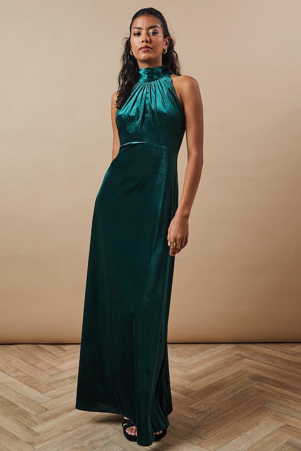 Oasis Petite Velvet Halter Bias Cut Maxi Bridesmaids Dress Emerald