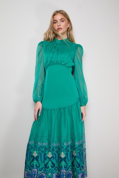 Oasis Printed Dropped Curved Waist Long Sleeve Maxi Dress Green