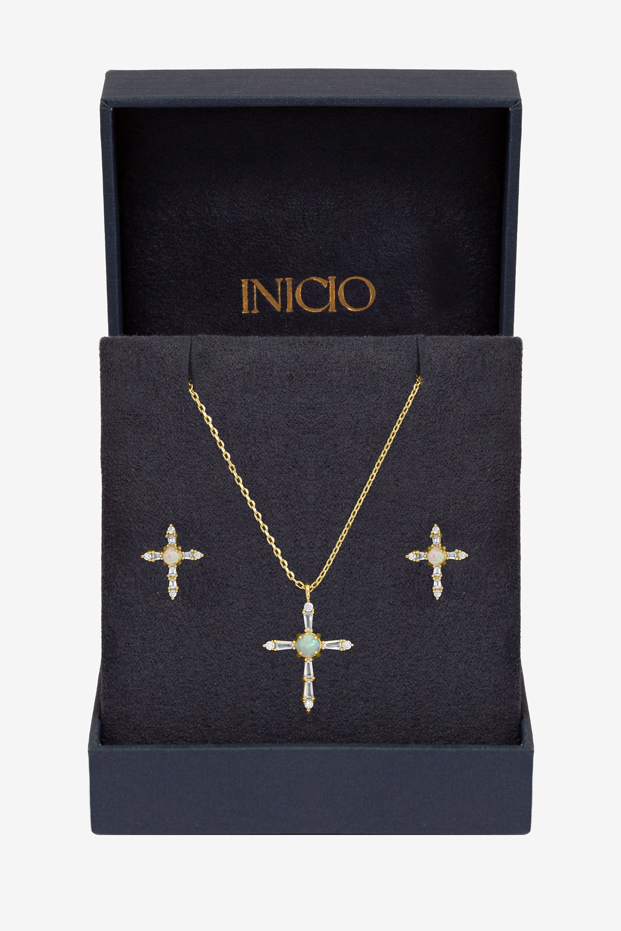 Inicio 14K Gold Plated Cubic Zirconia and Opal Cross Set - Gift Box image 1