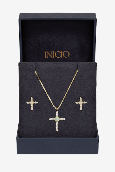 Inicio 14K Gold Plated Cubic Zirconia and Opal Cross Set - Gift Box