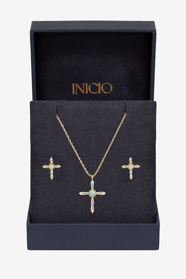 Inicio 14K Gold Plated Cubic Zirconia and Opal Cross Set - Gift Box