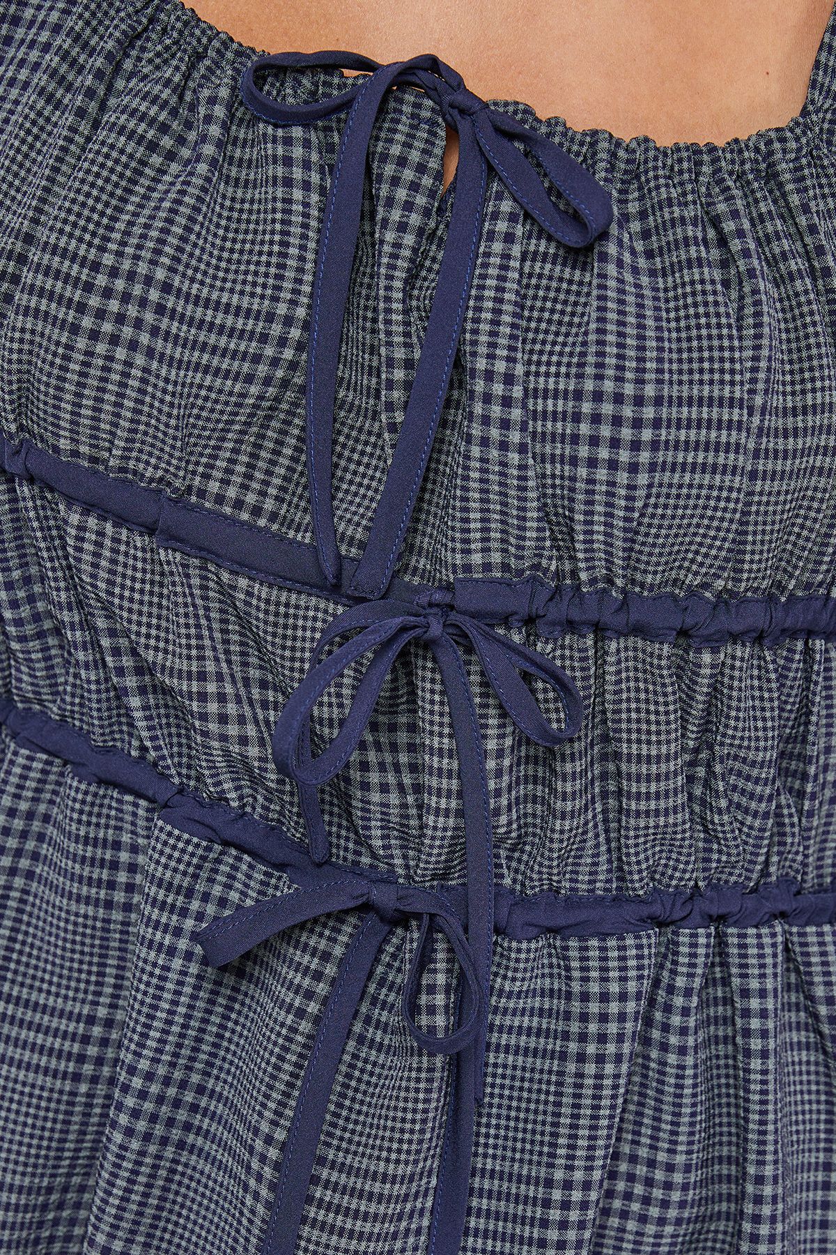 Warehouse Check Tie Front Square Midi Dress Khaki image 5