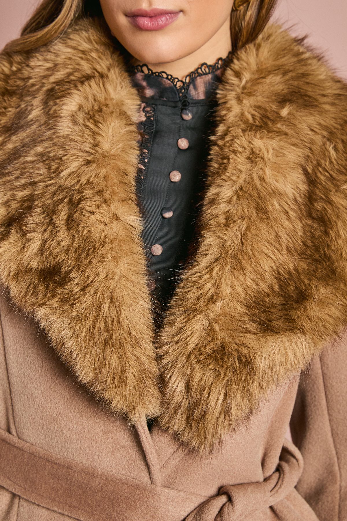 Coast Camel Faux Fur Collar Occasion Belted Midi Coat Camel image 5