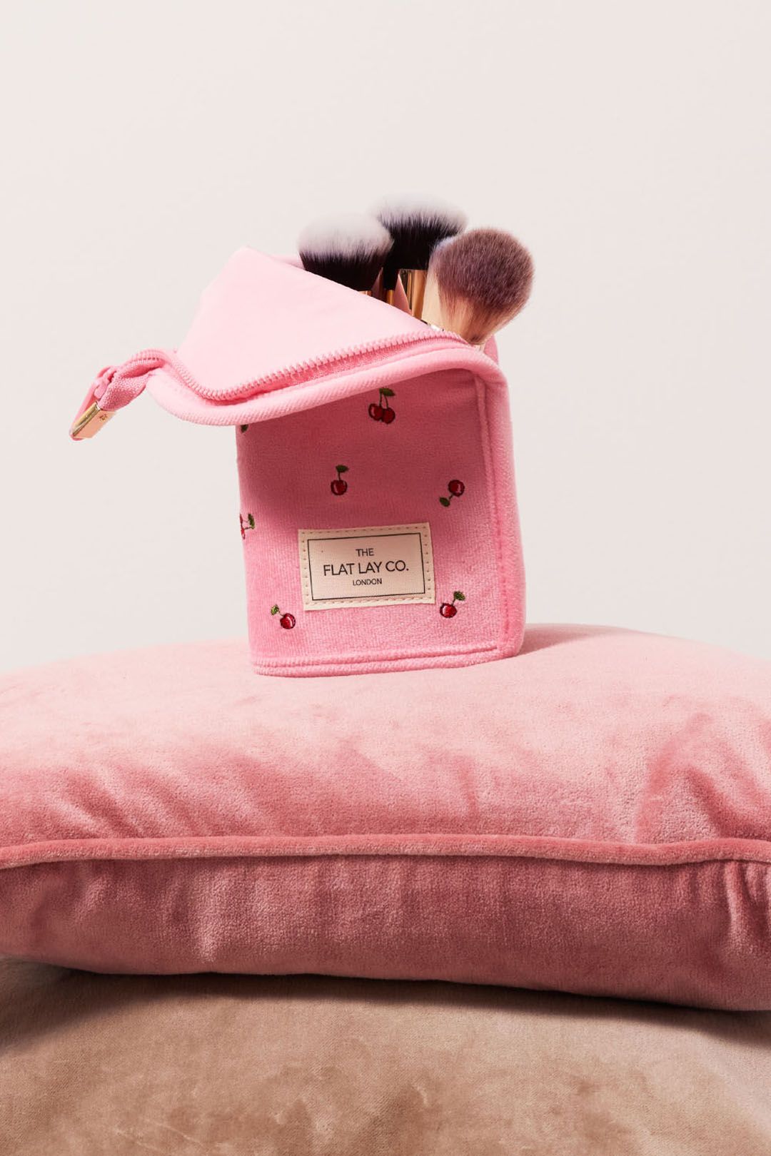 The Flat Lay Co Standing Makeup Brush Case - Ditsy Cherries Pink Embroidered Velvet Multi image 5