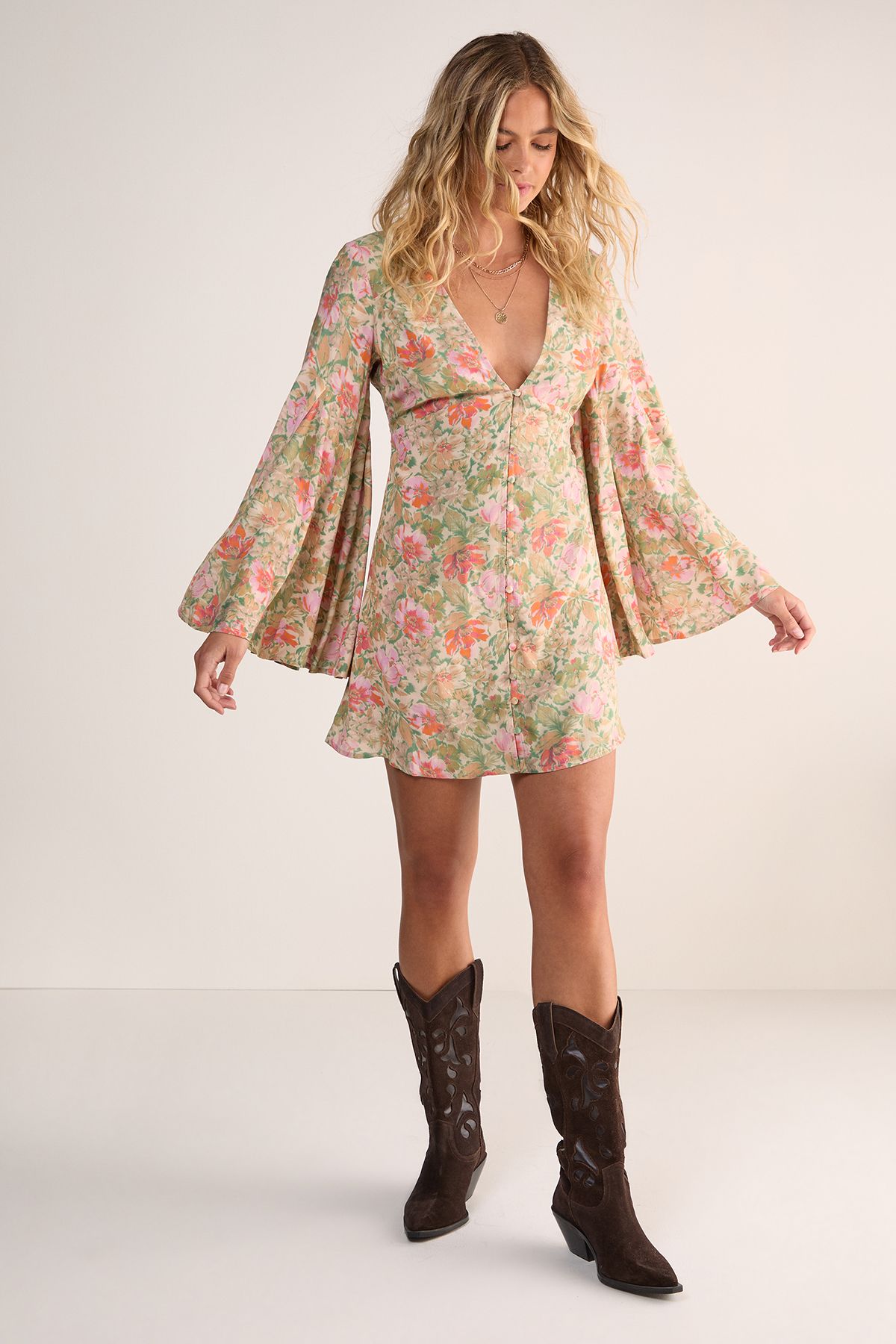 NastyGal Vintage Floral Button Through Extreme Flared Sleeve Mini Dress Green image 1