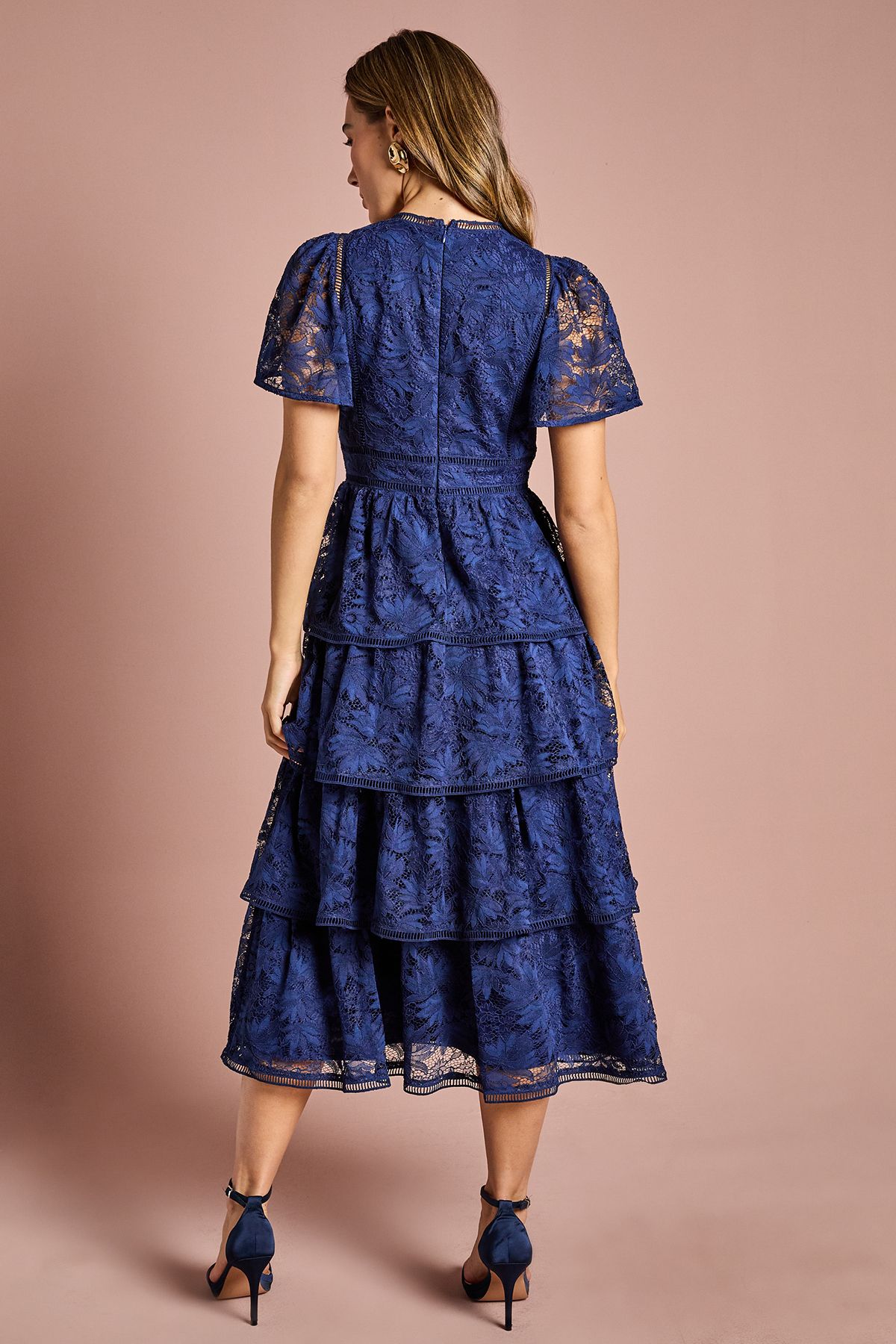 Coast Petite Tiered Lace Dress With Flutter Sleeve & Trims Navy image 3