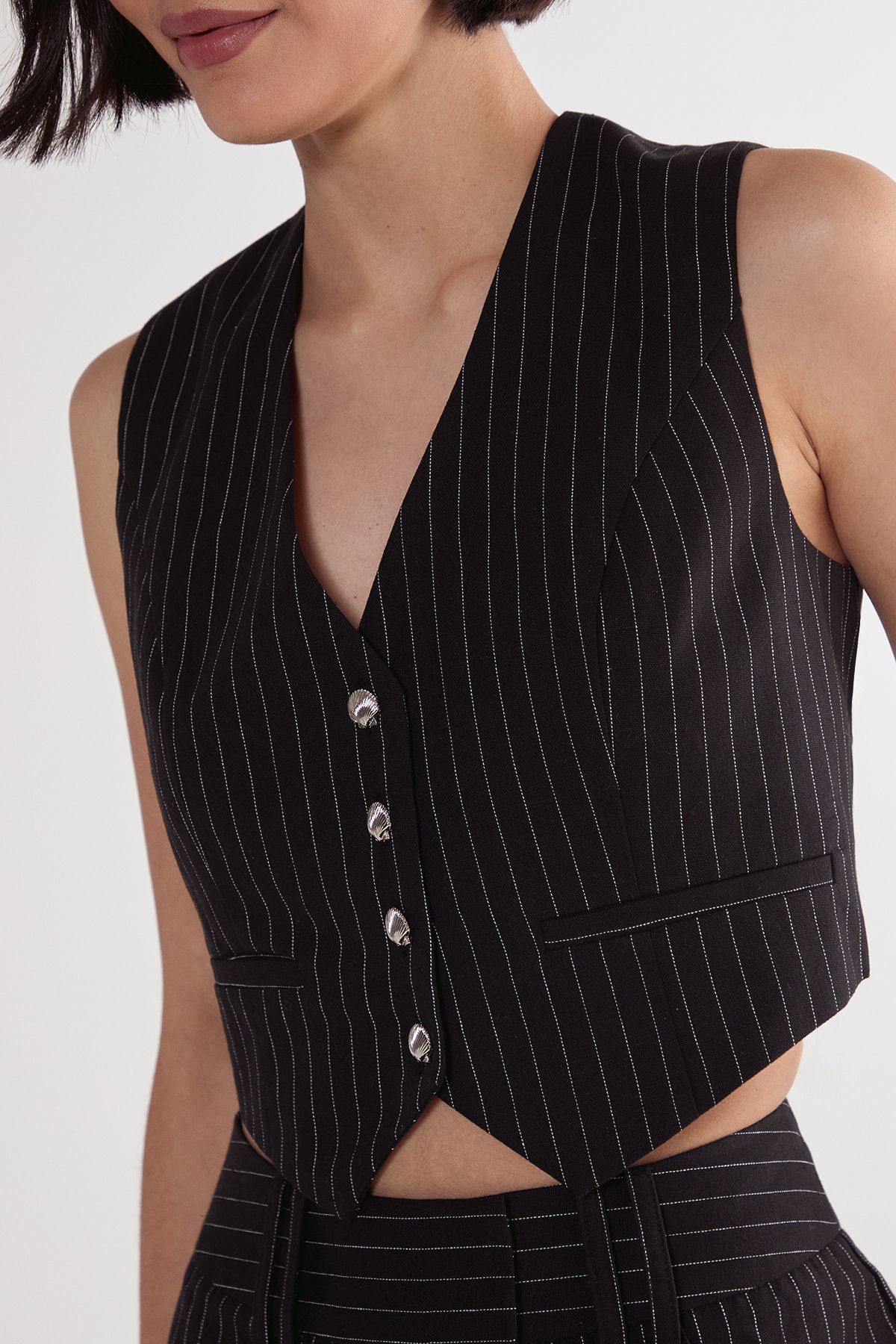 NastyGal Pinstripe Shell Button Waistcoat Black image 5