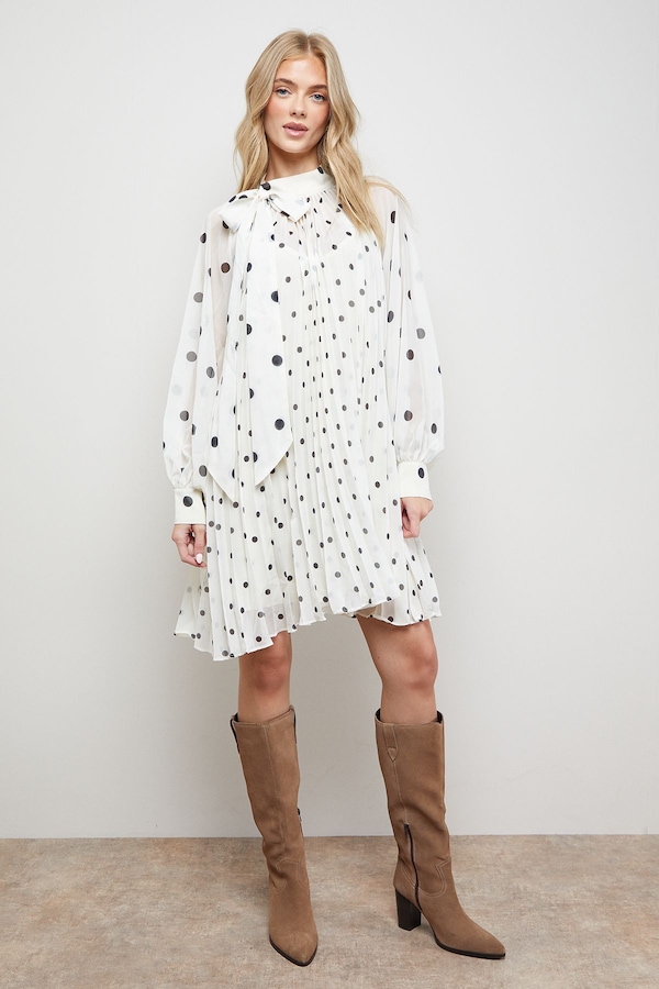Oasis Printed Pleated Tie Neck Balloon Sleeve Mini Smock Dress Ivory