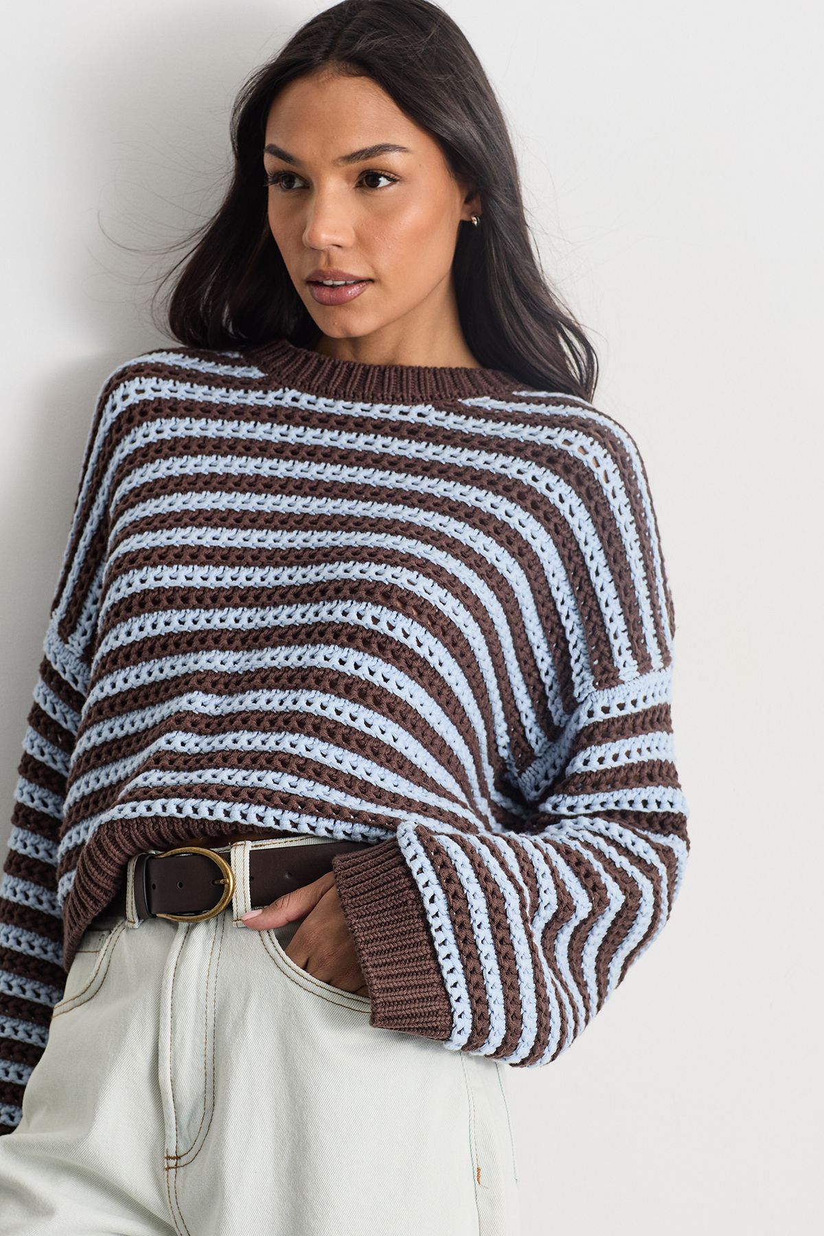 Warehouse Striped Dropped Shoulder Crochet Jumper Multi