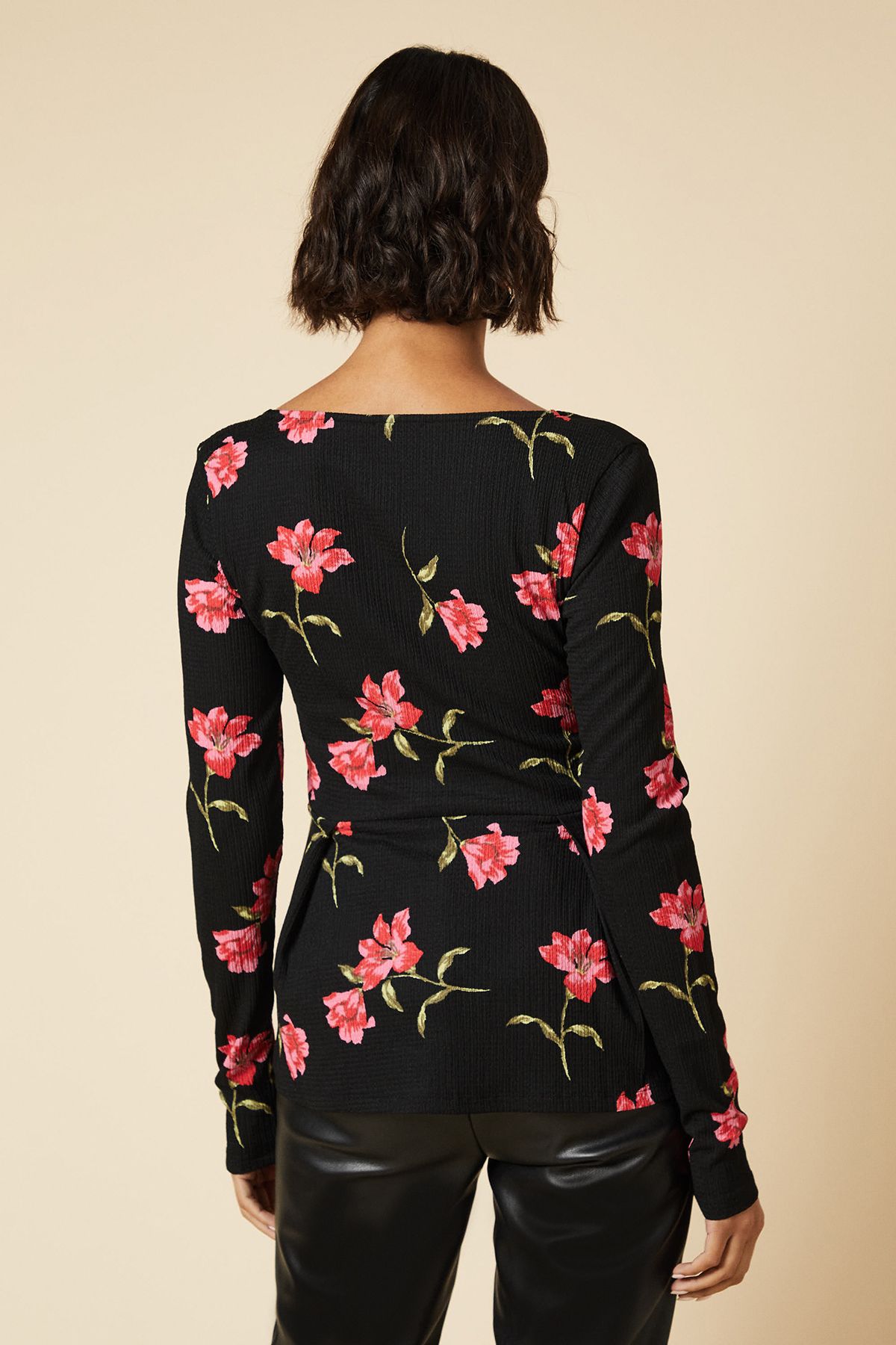 Dorothy Perkins Tall large pink floral Pleated Front peplum long sleeve top Floral image 3