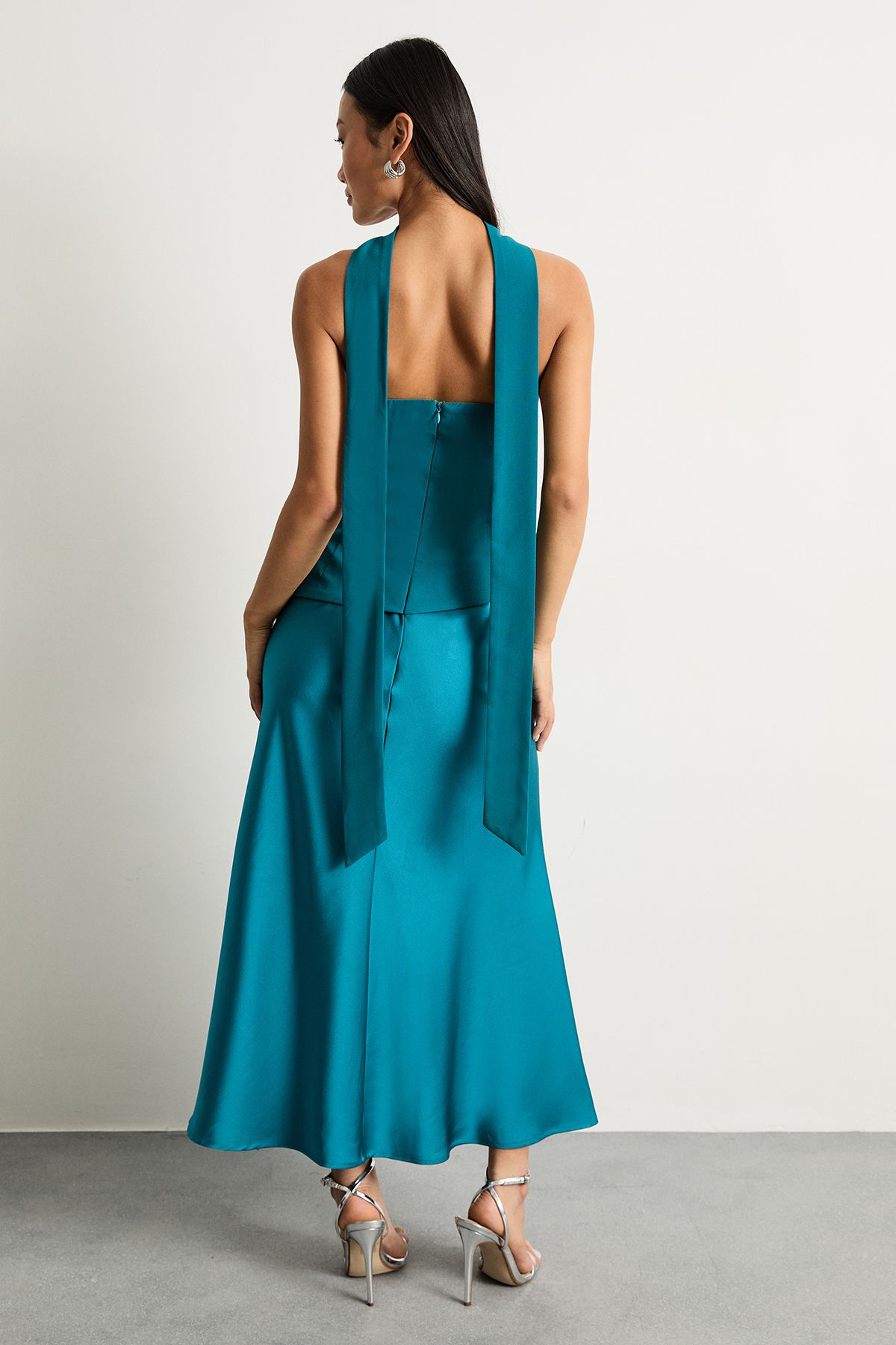 Warehouse Petite Strapless Structured Bodice Satin Midi Dress Teal image 3