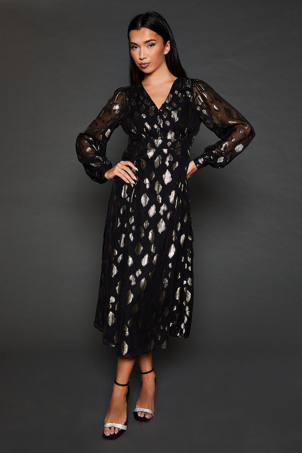 Dorothy Perkins Jacquard Button Front Long Sleeve Midi Dress Black image 1