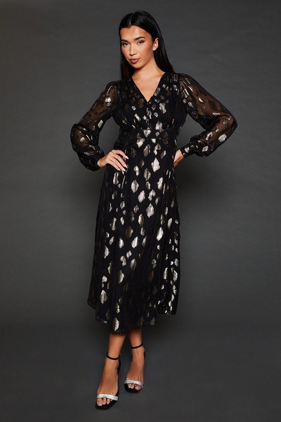 Dorothy Perkins Jacquard Button Front Long Sleeve Midi Dress Black