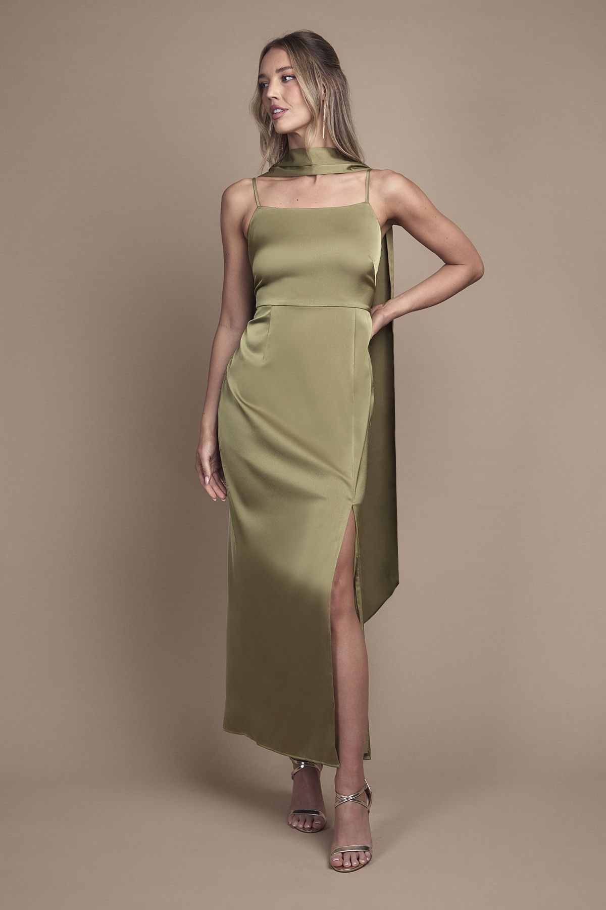 Oasis Oasis Strappy Satin Maxi Bridesmaid Dress with Scarf Olive image 2